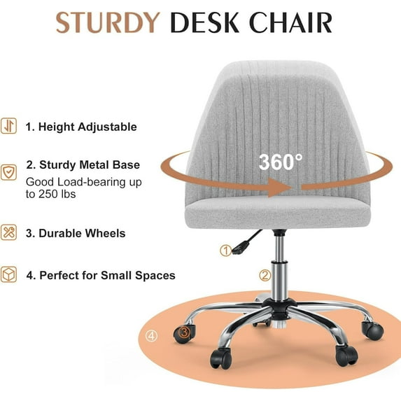 Armless Office Chair, Height Adjustable Swivel Desk Chair with Wheels, Modern Upholstered Task Seat for Home Office, Bedroom, Study and Makeup Vanity