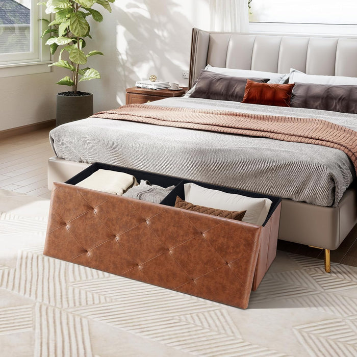 Simenmax Versatile Ottoman Storage Bench, 43" Wide Folding Footrest Stool, PVC Fabric Chest for Living Room, Bedroom, Entryway,Brown
