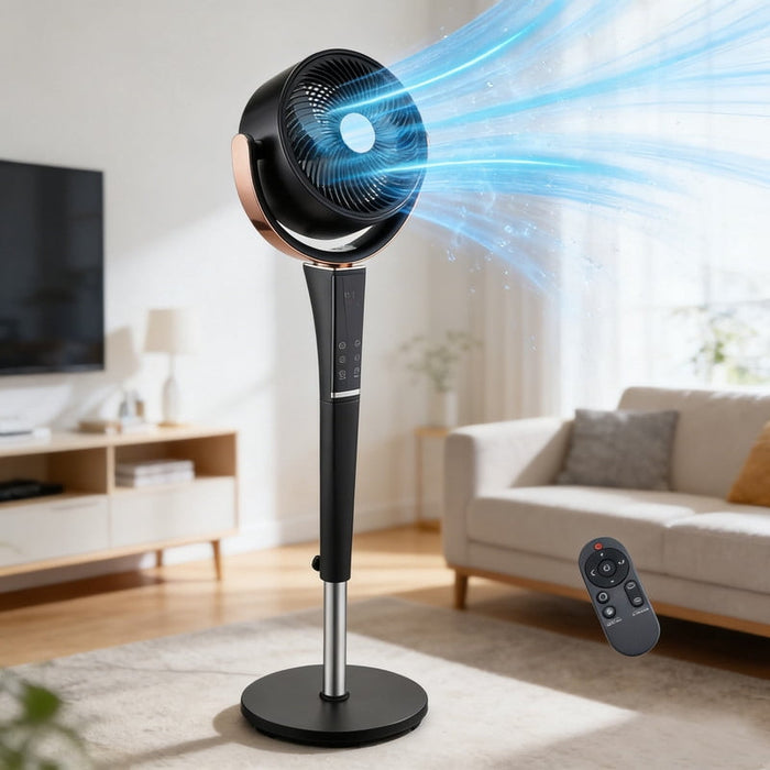 Simenmax Quiet Pedestal Fan, Motor Air Circulator with LED Light, 15 Speeds & 5 Modes, Standing Fan with Remote for Bedroom/Office,Black