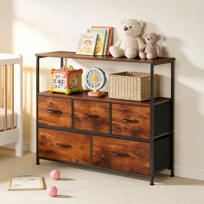 Betcozy 5-Drawer C Storage Dresser, Household Cabinet for Entry Way, Living room, Stable Metal Frame, Wooden Top, Rust