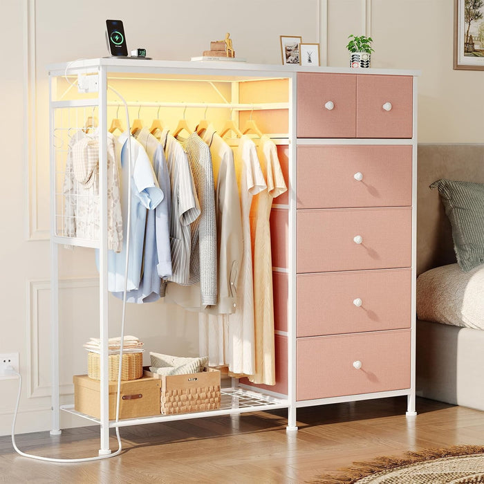 Blorly 6-Drawer Dresser with Clothes Rack & Charging Station, Garment Rack with Hanging Rod & Side Hooks, Free Standing Closet Organizer Storage Shelves for Bedroom, Cloakroom, Pink