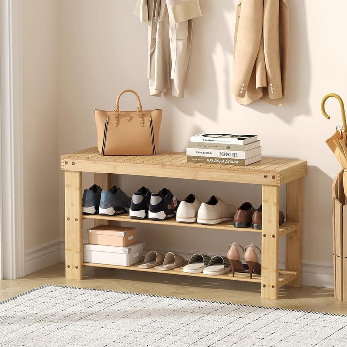 Simenmax 3-Tier Bamboo Shoe Rack Bench, 35.4'' Storage Organizer, Entryway Bench with Shoe Storage, Wood Finish for Bedroom Living Room Balcony
