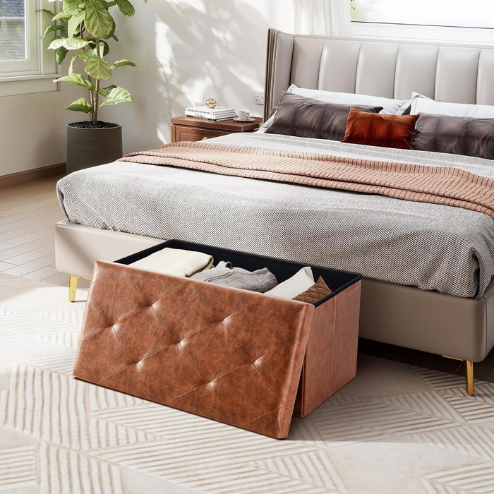 Simenmax Versatile Ottoman Storage Bench, 30" Wide Folding Footrest Stool, PVC Fabric Chest for Living Room, Bedroom, Entryway,Brown
