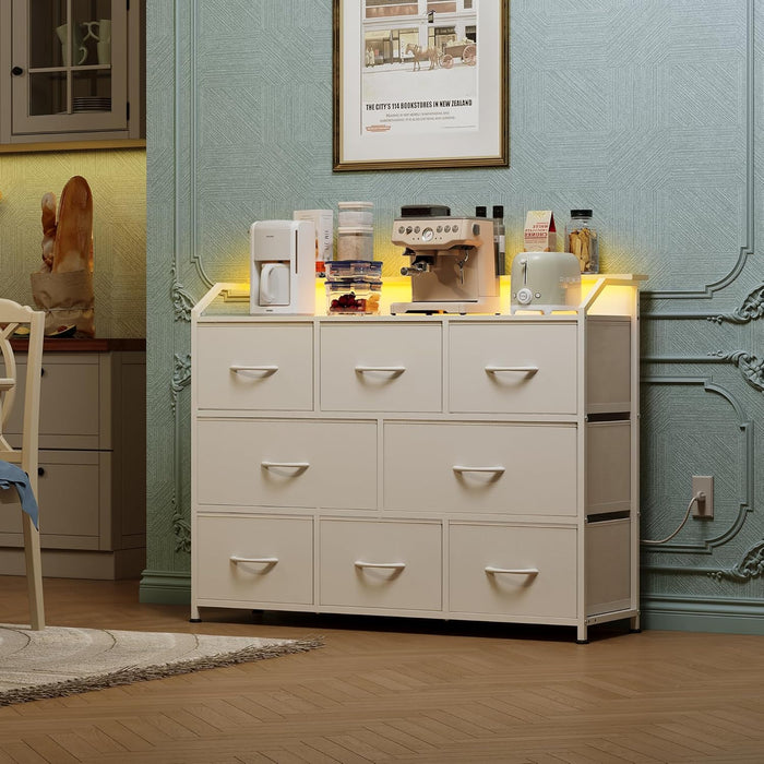 Bigleap LED TV Stand 8-Drawer Dresser with Charging Station, Fabric Chest of Drawers for Bedroom, Living Room, Hallway & Entryway, White