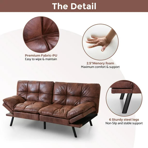 Futon Sofa Bed/ Bed Couch, Convertible Sofa Bed, Memory Foam Futon Couch, Adjustable Sleeper Sofa , Leather, Brown
