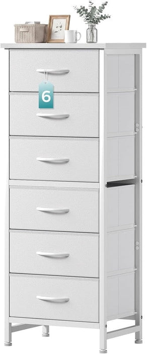 Simenmax 6-Drawer Dresser with Removable Bins, Slim Storage Tower with Sturdy Steel Frame, Fabric Chest of Drawers for Bedroom, Closet, Entryway, White