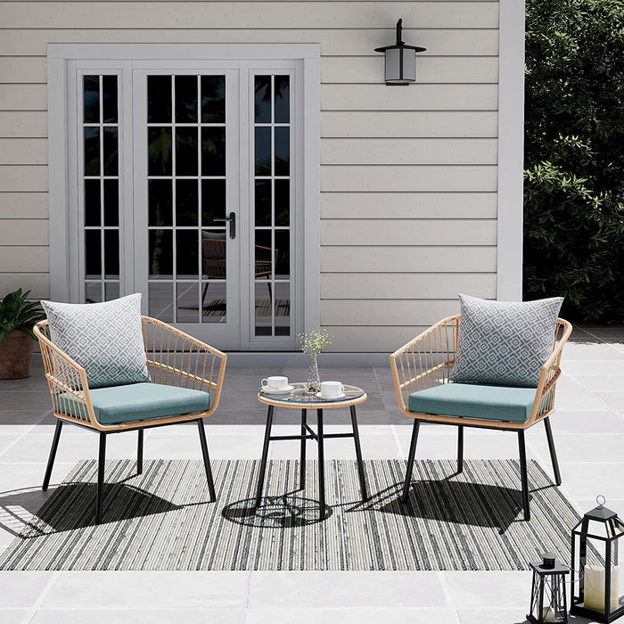 3 Piece Patio Set, Outdoor Wicker Bistro Set 2 Rattan Chair Conversation Sets