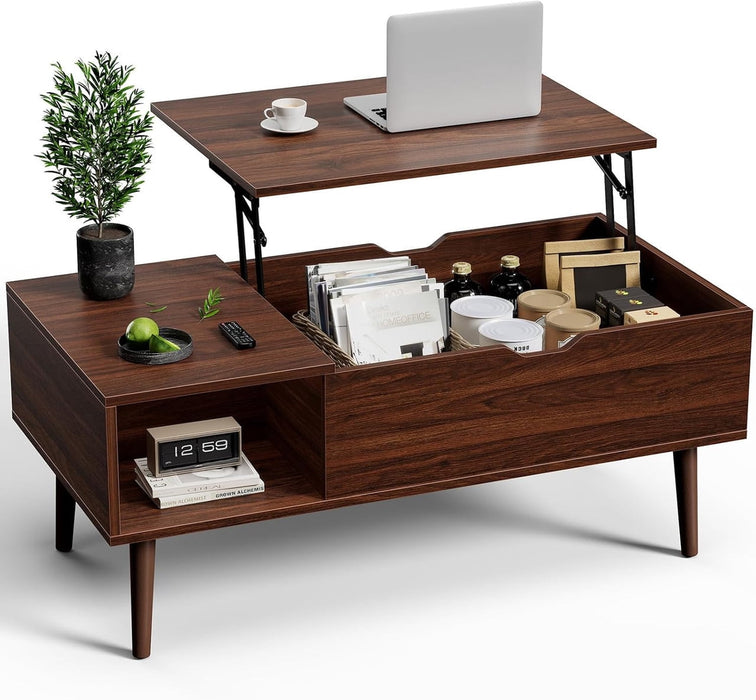 Simenmax Lift Top Coffee Table with Hidden Compartment, Wood Center Table for Living Room, Dark Brown