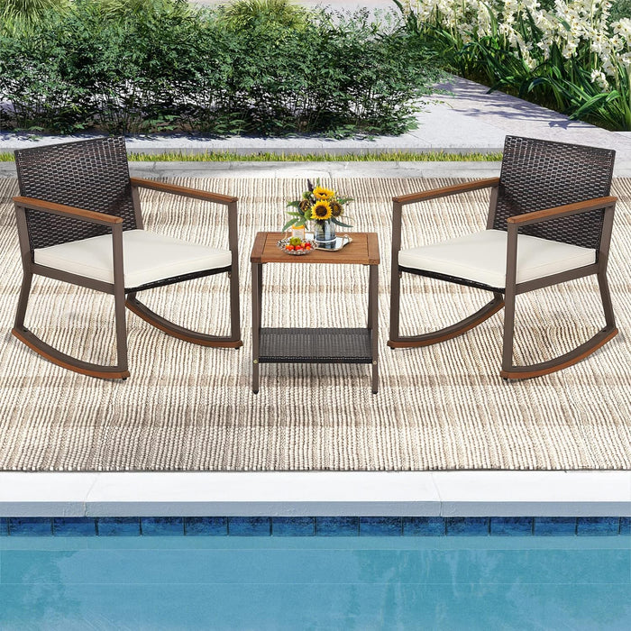 Simenmax 3-Piece Wicker Rocking Chair Outdoor Bistro Set with Beige Cushion, Wood Top Table for Porches and Balcony