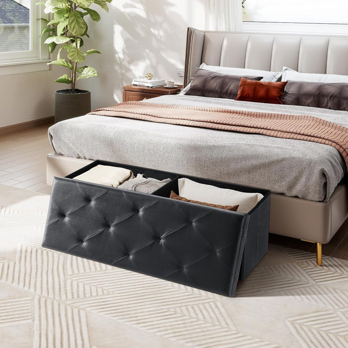 Fabric Simenmax Versatile Ottoman Storage Bench, 43" Wide Folding Footrest Stool, PVC Fabric Chest for Living Room, Bedroom, Entryway,Black
