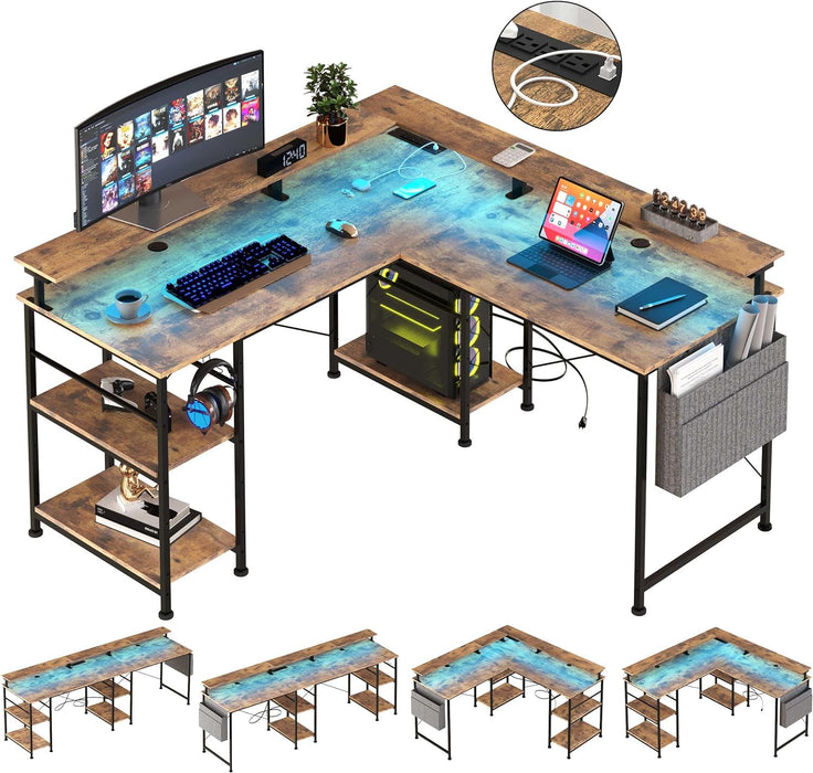 Gaming Desk with LED Lights L Shaped Desk, Reversible Corner Computer Desk with Power Outlet, Gaming Computer Desk with Monitor Stand and Storage Shelf, Writing Study Table, Brown