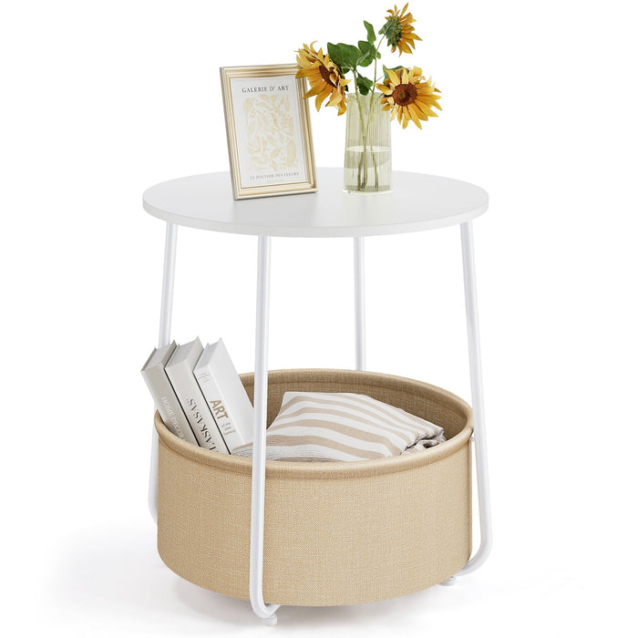 End Table 2-Tier Round Side Table with Fabric Basket and Metal Industrial Wood Bed Side Table/Night Stand ,White