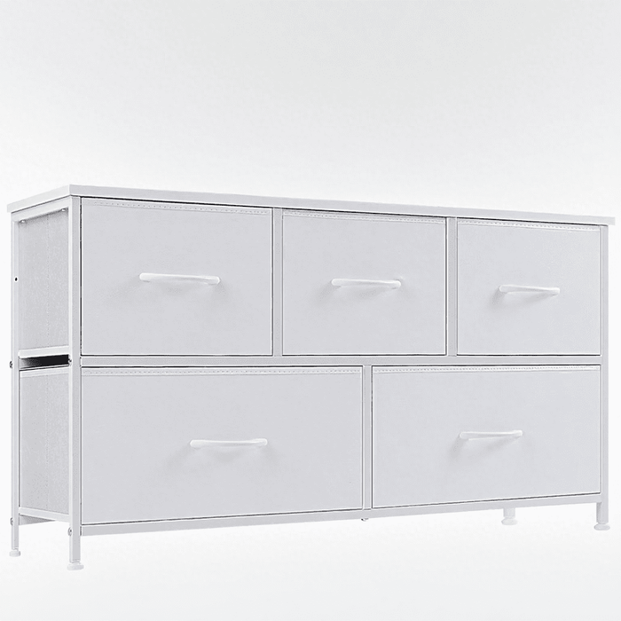 Taoset 5-Drawer Fabric Dresser with Wood Top - Compact Storage Cabinet for Bedroom and Living Room, White