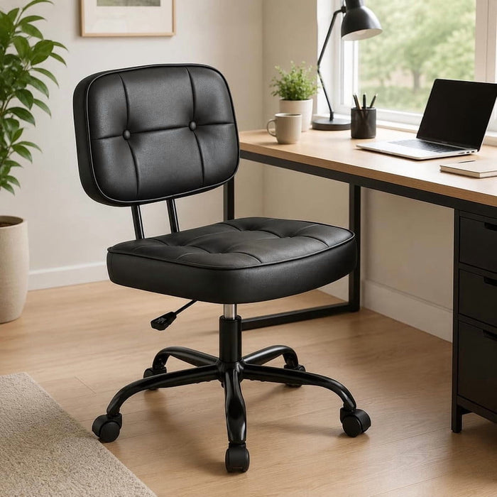 Simenmax Armless Office Chair – Ergonomic PU Leather Drafting Chair, Height Adjustable Swivel Rolling Task Chair for Vanity, Bedroom, Study, Living Room, Black