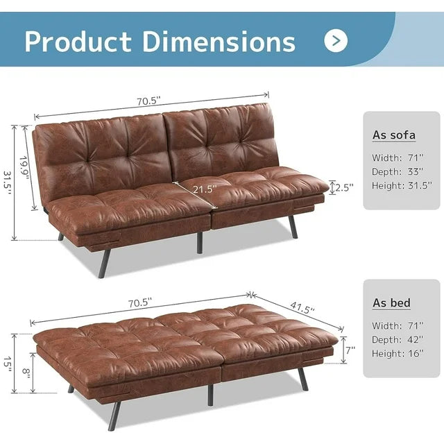 Futon Sofa Bed/ Bed Couch, Convertible Sofa Bed, Memory Foam Futon Couch, Adjustable Sleeper Sofa, Leather, Brown