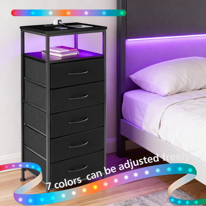 Betcozy Nightstand with Light, Bedside End Table with Charging Station &5 Fabric Drawers, Adjustable Feet and Variable Light Strip, Black