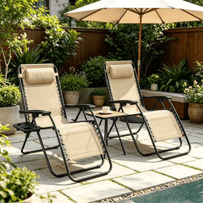 Betcozy Zero Gravity Chairs, 2 PCS Outdoor Patio Folding Lawn Chair, Reclining Lounger with Cup Holder Pillows for Camp, Poolside Backyard and Beach, Khaik