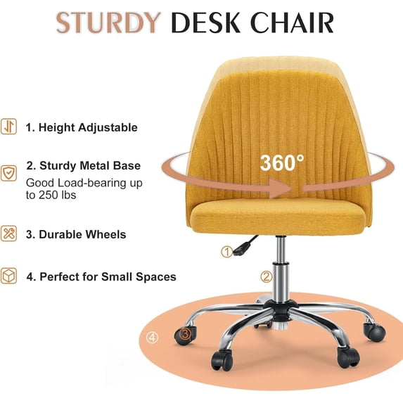Armless Office Chair, Height Adjustable Swivel Desk Chair with Wheels, Modern Upholstered Task Seat for Home Office, Bedroom, Study and Makeup Vanity