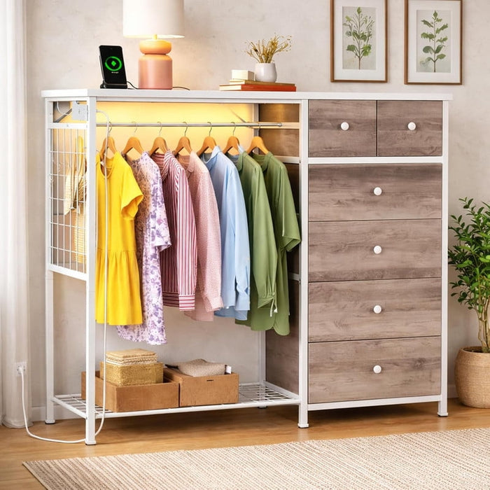 Simenmax 6-Drawer Storage Closet with LED Lights & Charging Station, 49.2" Wide Wooden Wardrobe Rack with Fabric Bins,Portable Clothing Organizer for Bedroom, Entryway,OAK