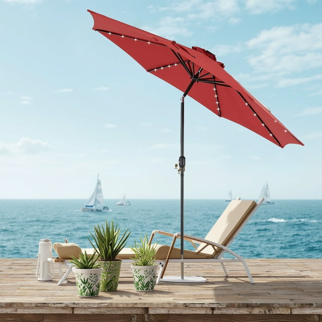 Blorly 10FT Solar Patio Umbrella with 32 LED Lights, Outdoor Umbrellas with Push Button Tilt and Crank, Tilting Table Umbrella with 8 Sturdy Ribs for Market, Beach, Pool