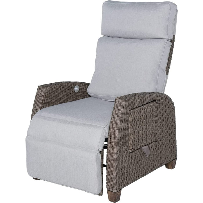 Blorly Adjustable Recliner, Relaxing Sofa Chair with Retractable Table Board, Outdoor Wicker Furniture Lounge with Soft Thicken Cushions, for Porch, Backyard, Pool or Garden, Brown