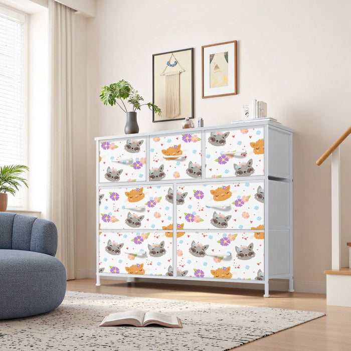 Taoset 7-Drawer Fabric Dresser with Floral Cat Print, Kids' Bedroom Storage Cabinet