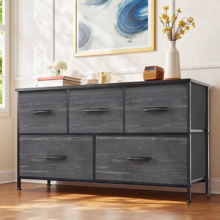 Ethovia 5-Drawer Fabric Storage Dresser, Sturdy Steel Frame with Wooden Tabletop, Wide Foldable Bins, Perfect for Bedroom, Hallway, and Entryway, Black-W