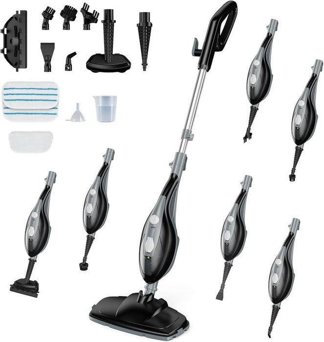 Simenmax 10-in-1 Steam Mop, 1550W Detachable Handheld Steam Cleaner with 14 Accessories for Hardwood, Tile, Carpet, Grout, and Windows, Black Gray