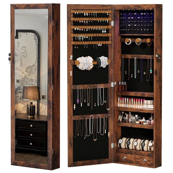 Simenmax 6 LED Mirror Jewelry Cabinet, 47.2" Lockable Wall/Door Mount Jewelry Armoire, Large Storage Organizer with Full-Length Mirror, 2 Drawers & Shelves (Brown)