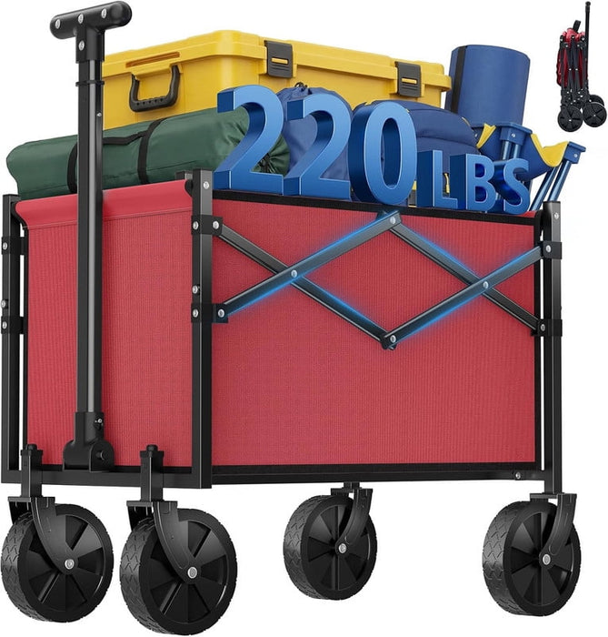 Simenmax Heavy Duty Collapsible Wagon Cart, 220 lbs Capacity All-Terrain Folding Wagon Portable Gear Cart for Camping, Beach, Gardening, Grocery Shopping, Red