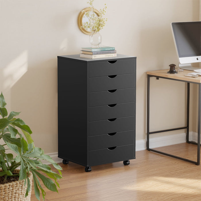 Ethovia 7-Drawer Rolling Storage Cabinet – Wooden Mobile Dresser with Locking Wheels, Compact Organizer for Home & Office, Black