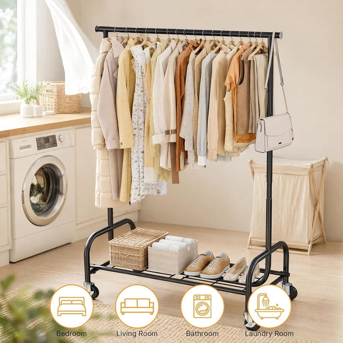 Nextay Garment Rack, Rolling Clothes Rack with Mesh Storage Shelf, Lockable Wheels & Adjustable Width, Portable Closet for Bedroom, Laundry, Apartment, Black