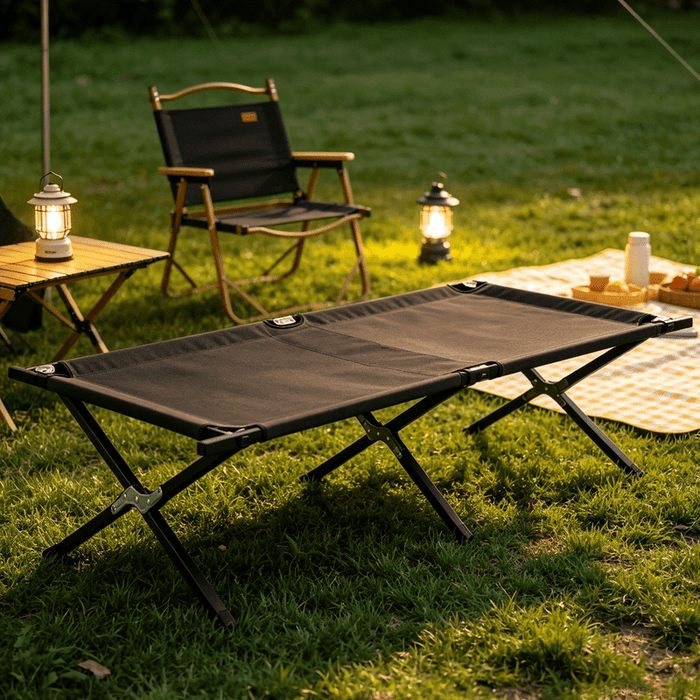 Blorly Heavy Duty Camping Cot, Black Foldable Sleeping Cot for Adults, Portable Military Camp Cot with Carry Bag, Sturdy Outdoor Folding Lounge Chair Bed for Camp, Travel, Patio, Office Nap