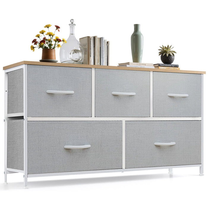 Betcozy Dresser, Storage Organizer with 5 Drawers for Bedroom, Chest of Drawers with Fabric Bins, Sturdy Metal Frame, Wood Tabletop, Light Gray
