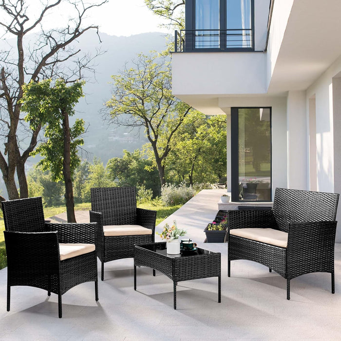 Bigleap Patio Furniture Set 4 Pieces, Outdoor Wicker Furniture with Coffee Table, Modern Rattan Patio Chairs Conversation Sets with Sofa for Garden, Terrace, Porch, Balconies, Lawns,Black