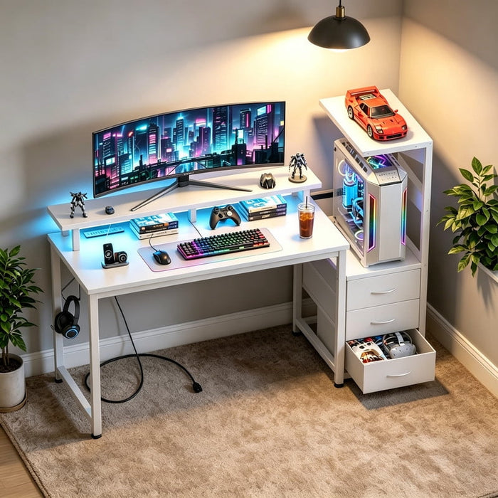 Betcozy Gaming Desk with LED Lights and 3 Drawers, Reversible Computer Desk with Full Monitor Stand and Power Outlet, 52" Home Office Desk with CPU Storage Tower, Carbon Fiber White