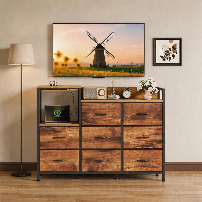 Betcozy Modern 8 Drawer Dresser with Charging Station, Wide Storage Chest with Open Display Shelves, Tall Fabric Dresser for Living Room, Media Console for Wall-Mounted TV, Brown