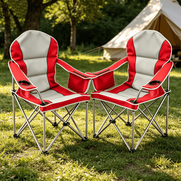Blorly 2 PCS Oversized Camping Chair, Folding Chairs with Padded Back and Armrest, Steel Frame with Cooler Bag, Storage Netting Cup Holder, Red