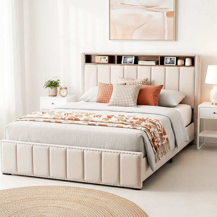 Blorly Queen Size Bed Frame, Upholstered Wood Bed Frame with 4 Drawers and storage headboard, LED, Charging Station