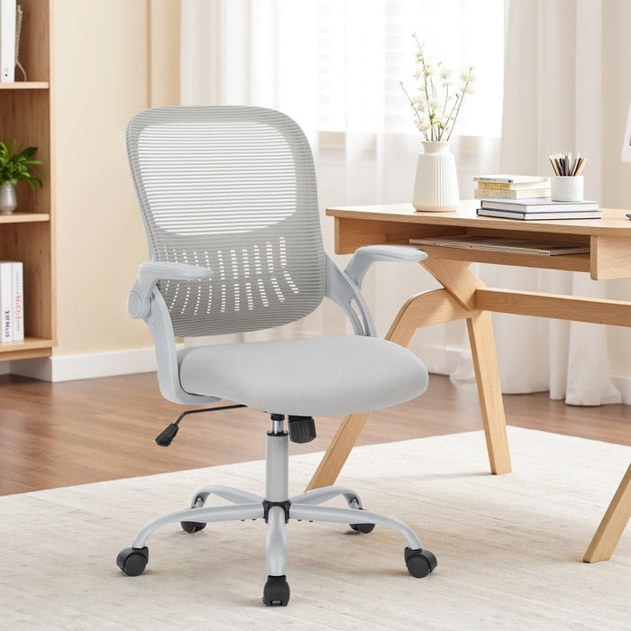 Betcozy Office Desk Chair, Ergonomic Mid-Back Mesh Chair with Wheels, Comfy Lumbar Support with Flip-up Arms for Home office, Gaming, Study, Gray