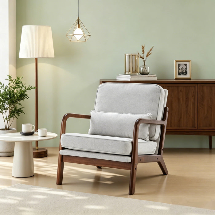 Mid-Century Modern Accent Chair, Modern Armchair with Cushion, High Quality Wood Frame, Solid Wood Frame Armchair for Living Room & Reading Room, Gray