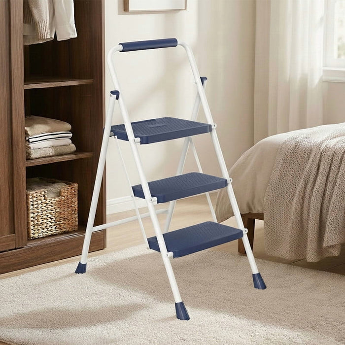 Blorly Step Ladder, Sturdy 3 Step Stool with Anti-Slip Pedal, Automatic lock, for Home Kitchen, Garage, Outdoor Use, Blue