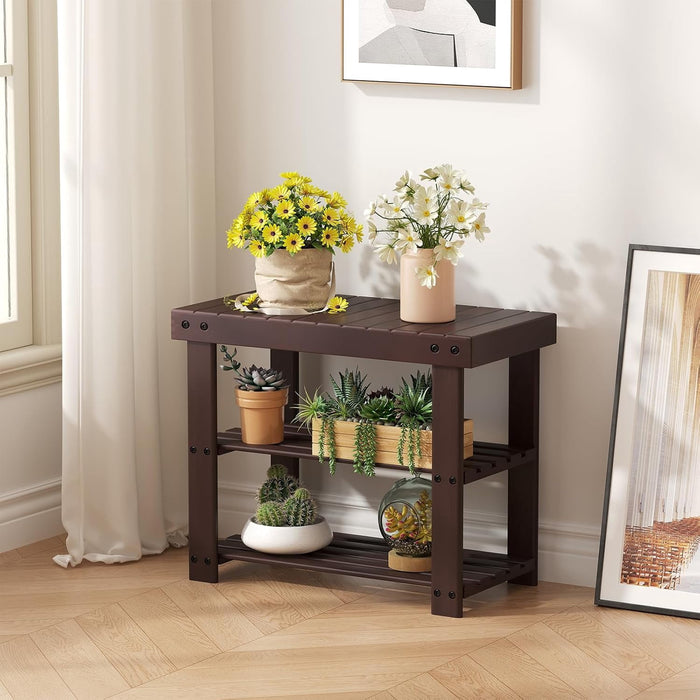 Betcozy 3-Tier Entryway Shoe Bench with Storage, Modern Minimalist Wooden Shoe Rack Organizer, Heavy Duty Seating Bench & Utility Shelf for Hallway, Living Room, Bedroom (19", Brown