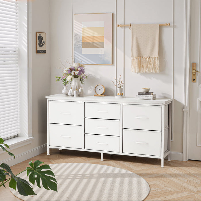 Blorly 7 Drawers Dresser, Storage Dresser Organizer with Drawers, Chest of Drawers, TV Stand Dresser with Metal Frame and Wood Tabletop for Bedroom, Guest Room, Closet, Entryway, Nursery, White