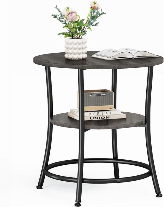 Simenmax 2-Tier Round Side Table, Grey Wood Grain End Table with Storage Shelf, Metal Frame Nightstand for Living Room, Bedroom,Gray