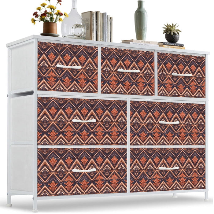 Betcozy 7 Drawers Fabric Dresser with White Metal Frame, Storage Tower for Bedroom, Traditional Geometric Brown