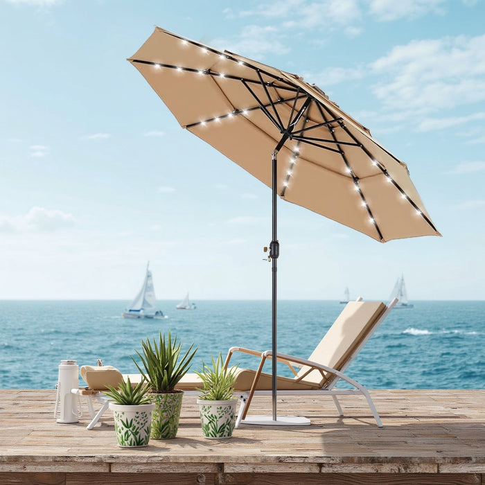 Betcozy 9.2' Outdoor Patio Umbrella with LED Lights, Umbrella with 8 Sturdy Ribs for Outdoor Table, Yard, Market, Push Button Tilt and Crank, Khaki