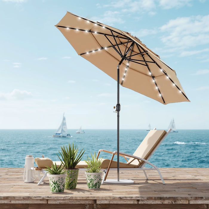 Betcozy 9.2' Outdoor Patio Umbrella with LED Lights, Umbrella with 8 Sturdy Ribs for Outdoor Table, Yard, Market, Push Button Tilt and Crank, Khaki