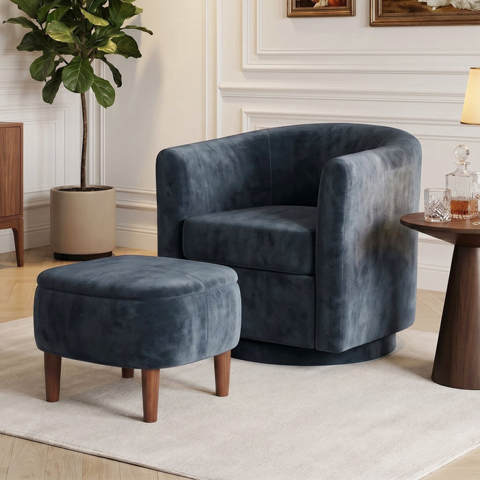 Modern Swivel Chair with Storage Ottoman, Plush Cylindrical Armchair Set, Minimalist Style, Perfect for Living Room, Reading Room and Bedroom, Blue
