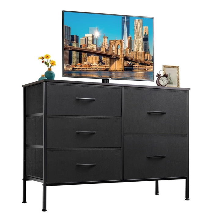 Simenmax 5-Drawer Fabric TV Stand, 39.4-Inch Entertainment Center with Wood Top & Sturdy Metal Frame, Storage Dresser for Bedroom, Living Room, Hallway, Black